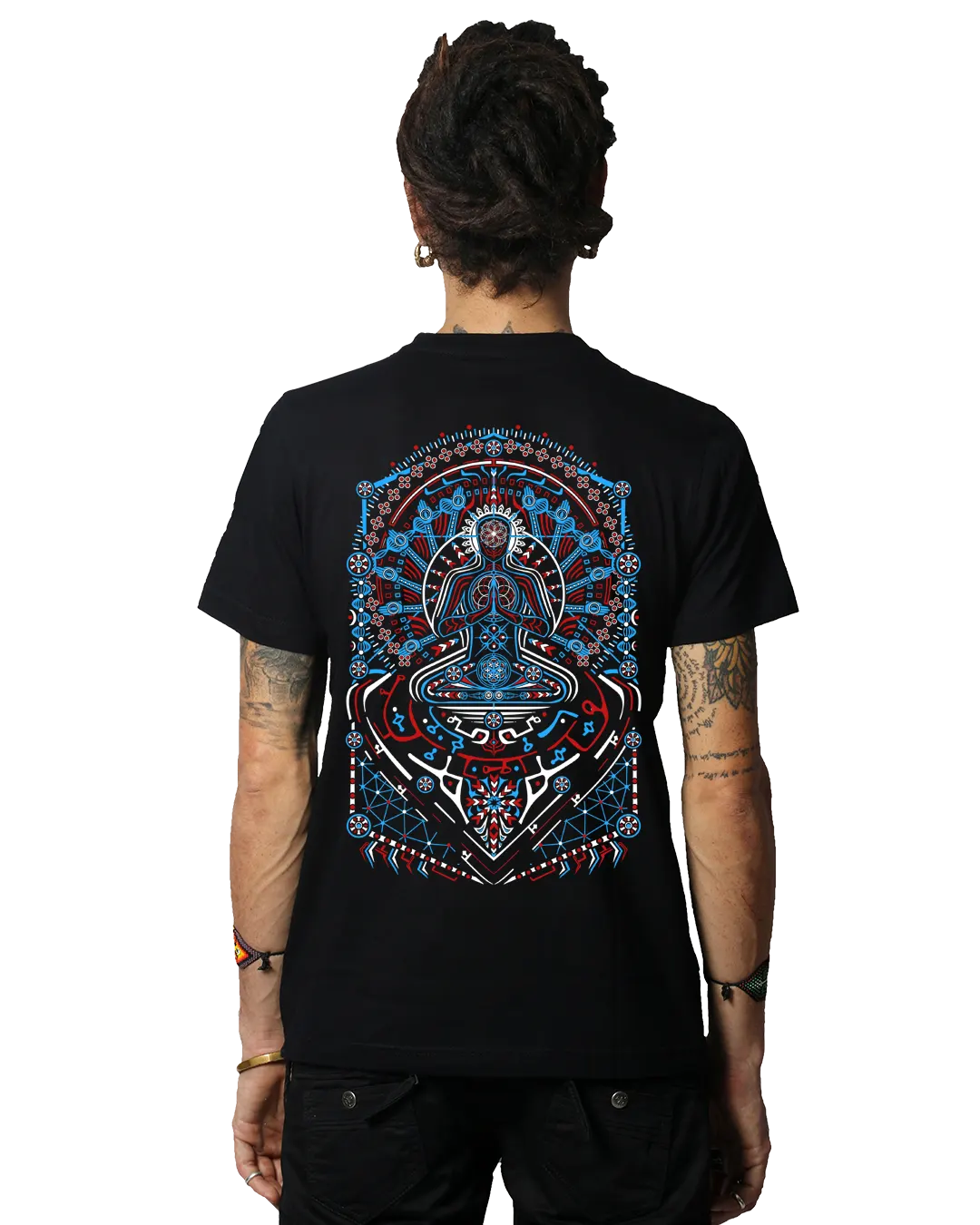 Person wearing a black t-shirt with a colorful graphic design on the back