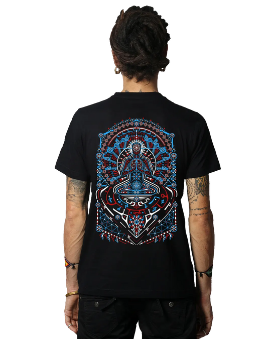 Person wearing a black t-shirt with a colorful graphic design on the back