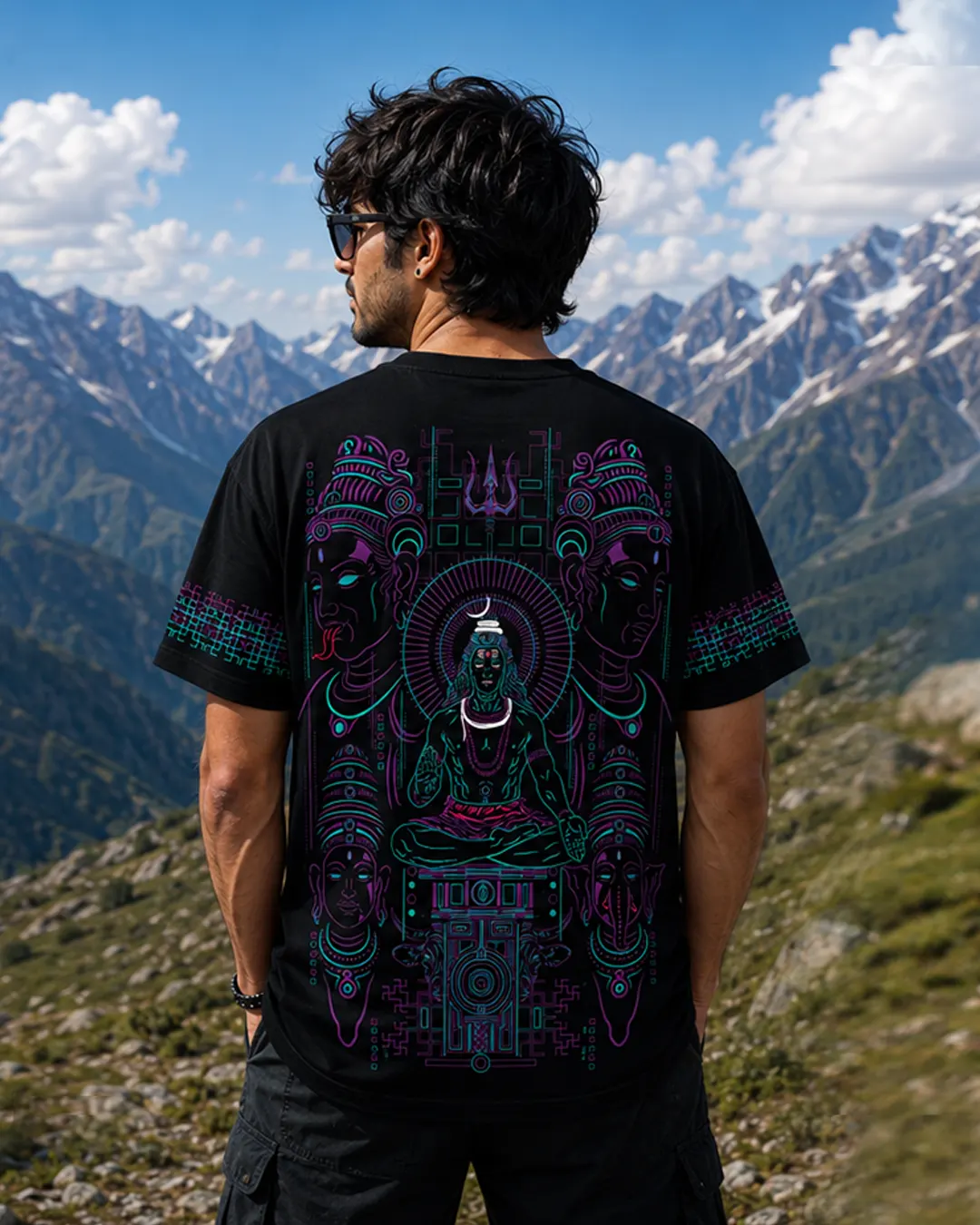 A man wearing a black t-shirt with a large, colorful Hindu deity graphic on the back, standing in a mountain landscape.
