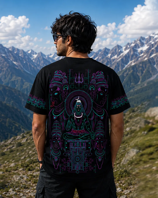 A man wearing a black t-shirt with a large, colorful Hindu deity graphic on the back, standing in a mountain landscape.