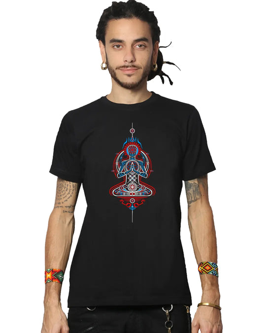 Person wearing a black t-shirt with a colorful geometric design on a white background