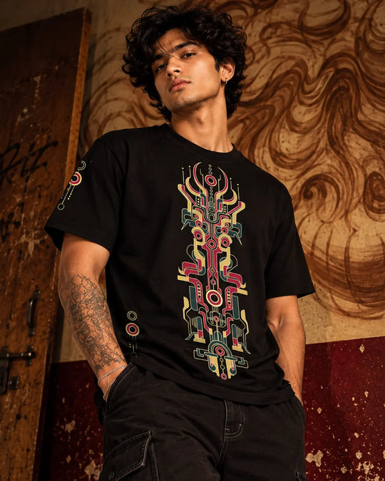 Explore the Cybernetic Spirit regular-fit T-shirt by Ultra Tribe, featuring futuristic artwork and UV-reactive details on a 100% cotton graphic tee.
