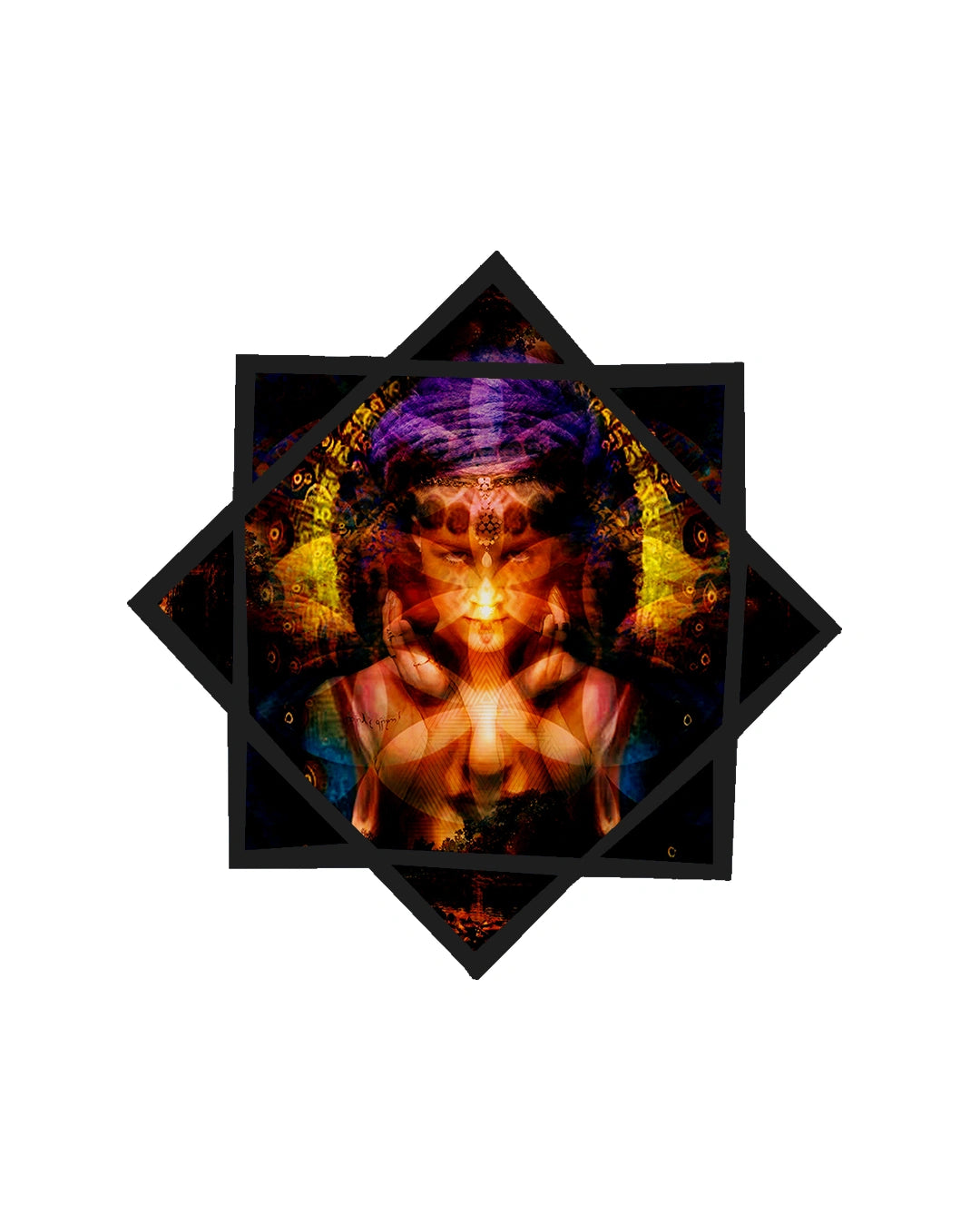 Artistic depiction of a person with a colorful, abstract design on a white background