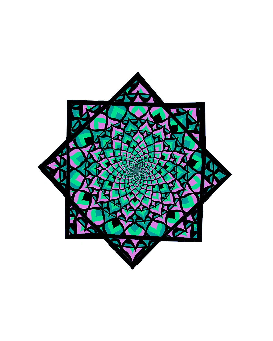 Geometric pattern with blue, green, and pink colors on a white background