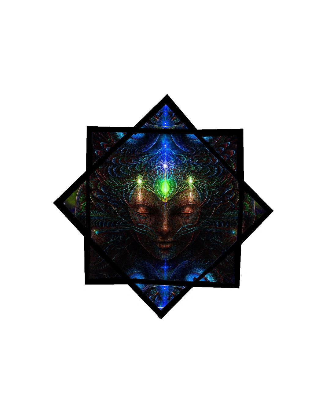 Stylized face with glowing eyes surrounded by geometric shapes on a white background