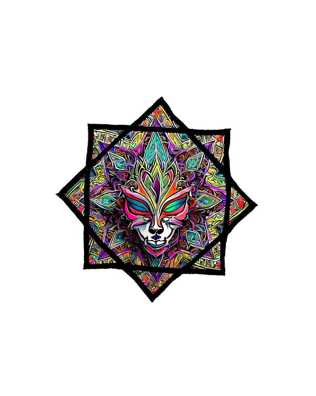 A Spinnig Dapostar brightly colored, geometric patterned spinning cloth juggling toy with a face motif in the center.