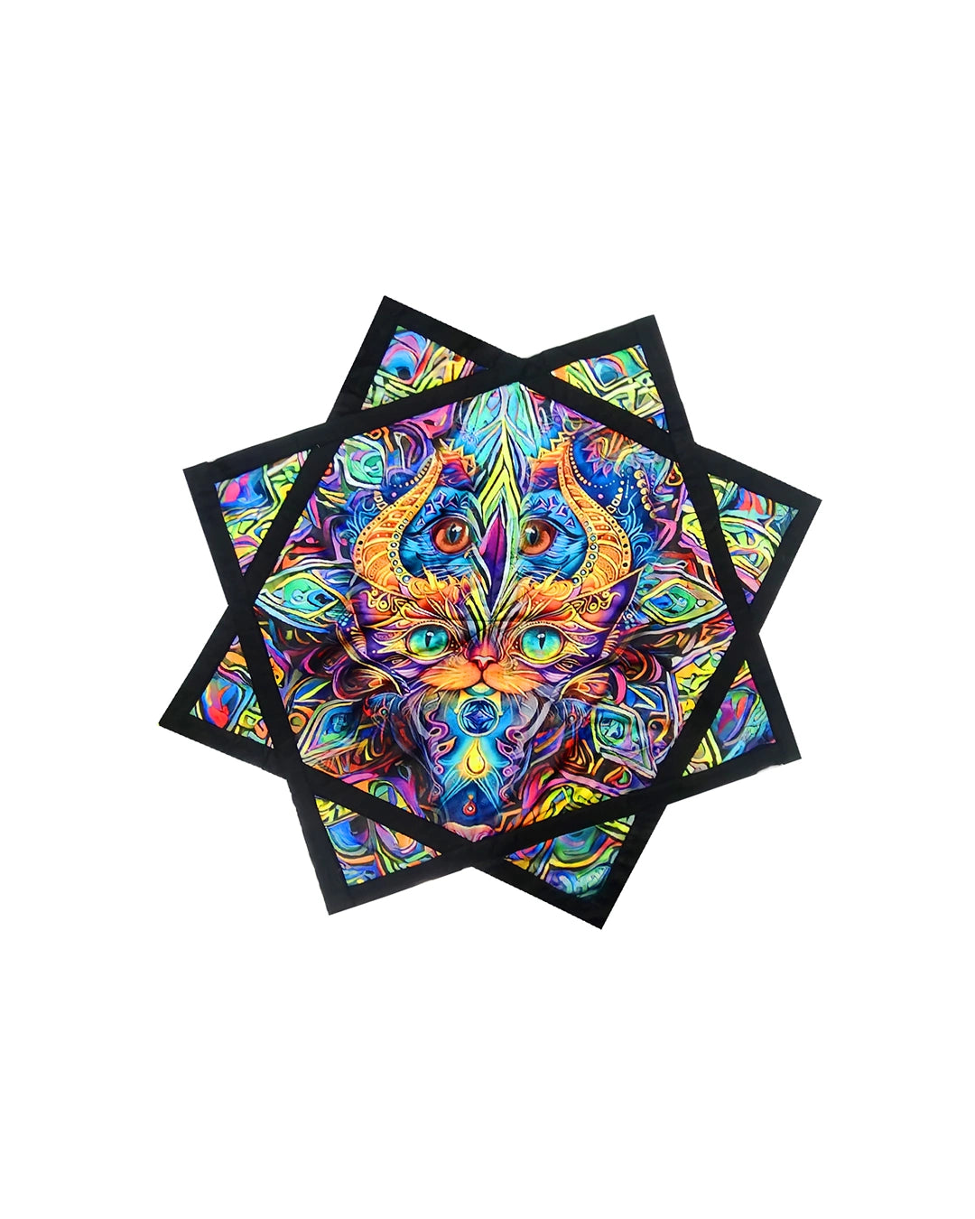 A multicolored spining dapostar, geometric patterned spinning cloth juggling toy displayed in an 8-star configuration.