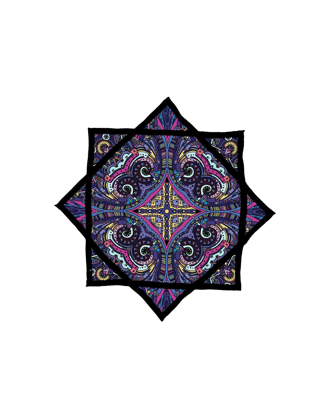 A spining dapostar colorful, geometric-patterned spinning cloth juggling toy displayed in a square shape with intricate designs in multiple colors.