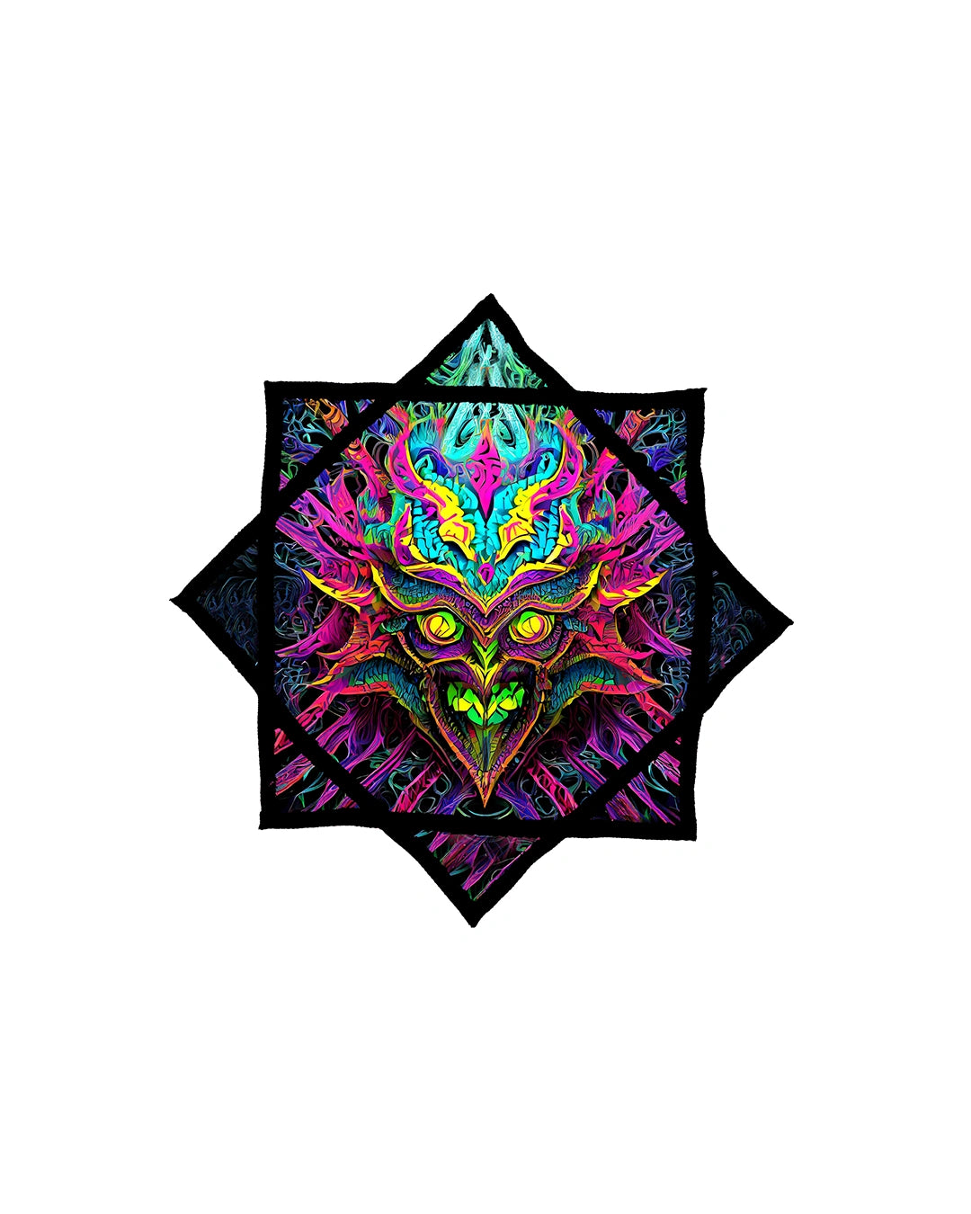 A spining dapostar brightly colored spinning cloth juggling toy with a pattern resembling a stylized animal face, predominantly in black, blue, pink, and green hues.