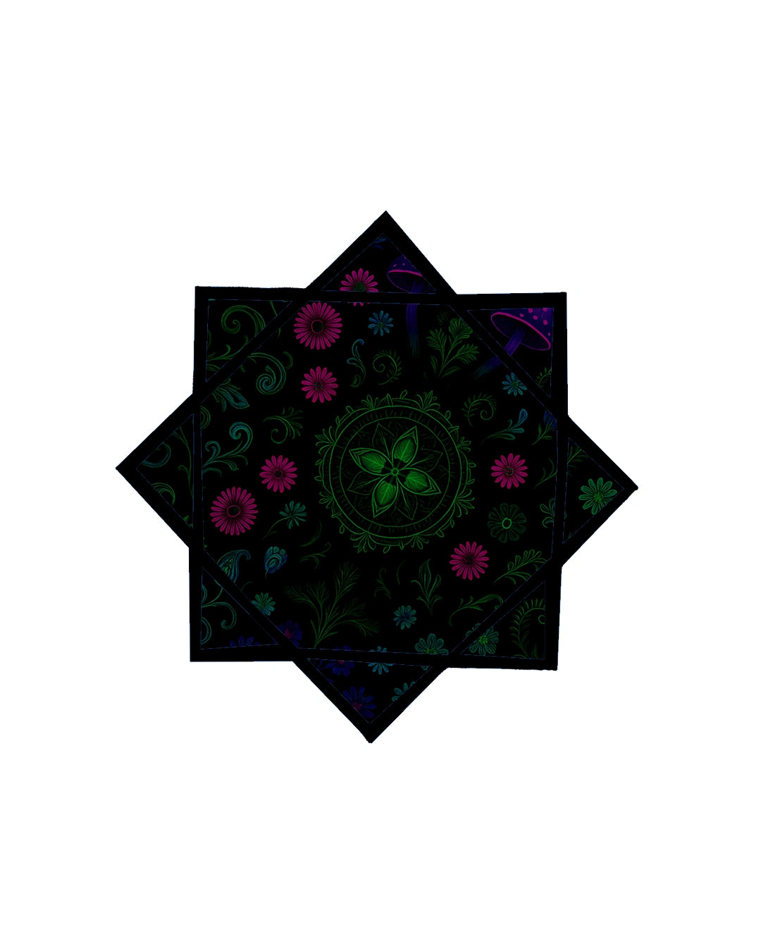 Decorative black card with floral and leaf patterns on a white background