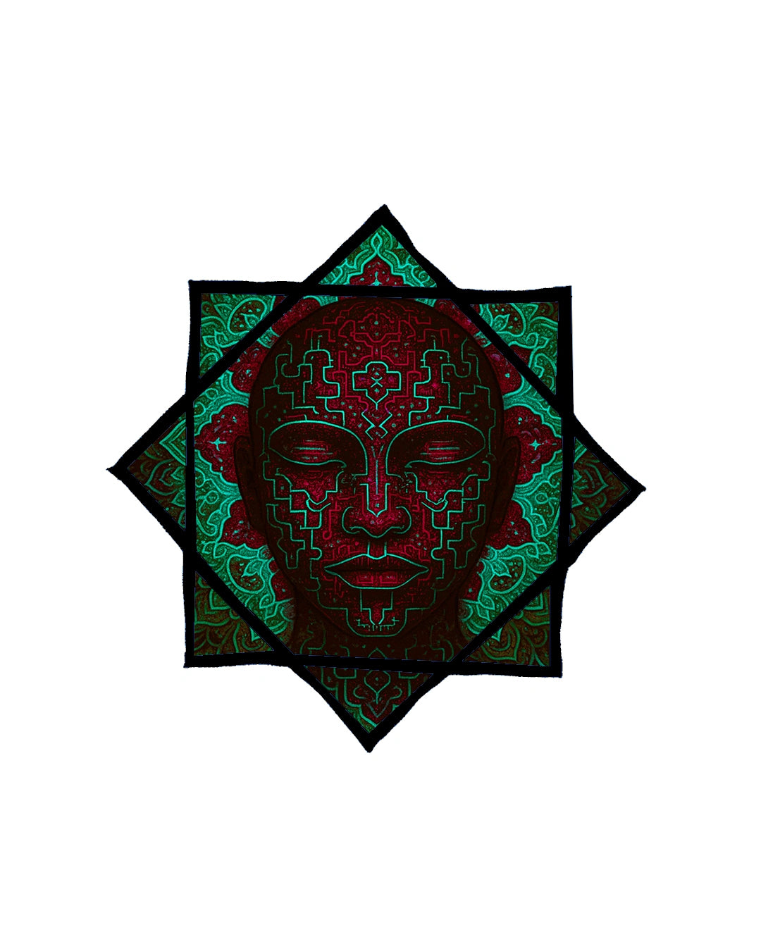 Decorative pillow with a face design in red and green on a white background