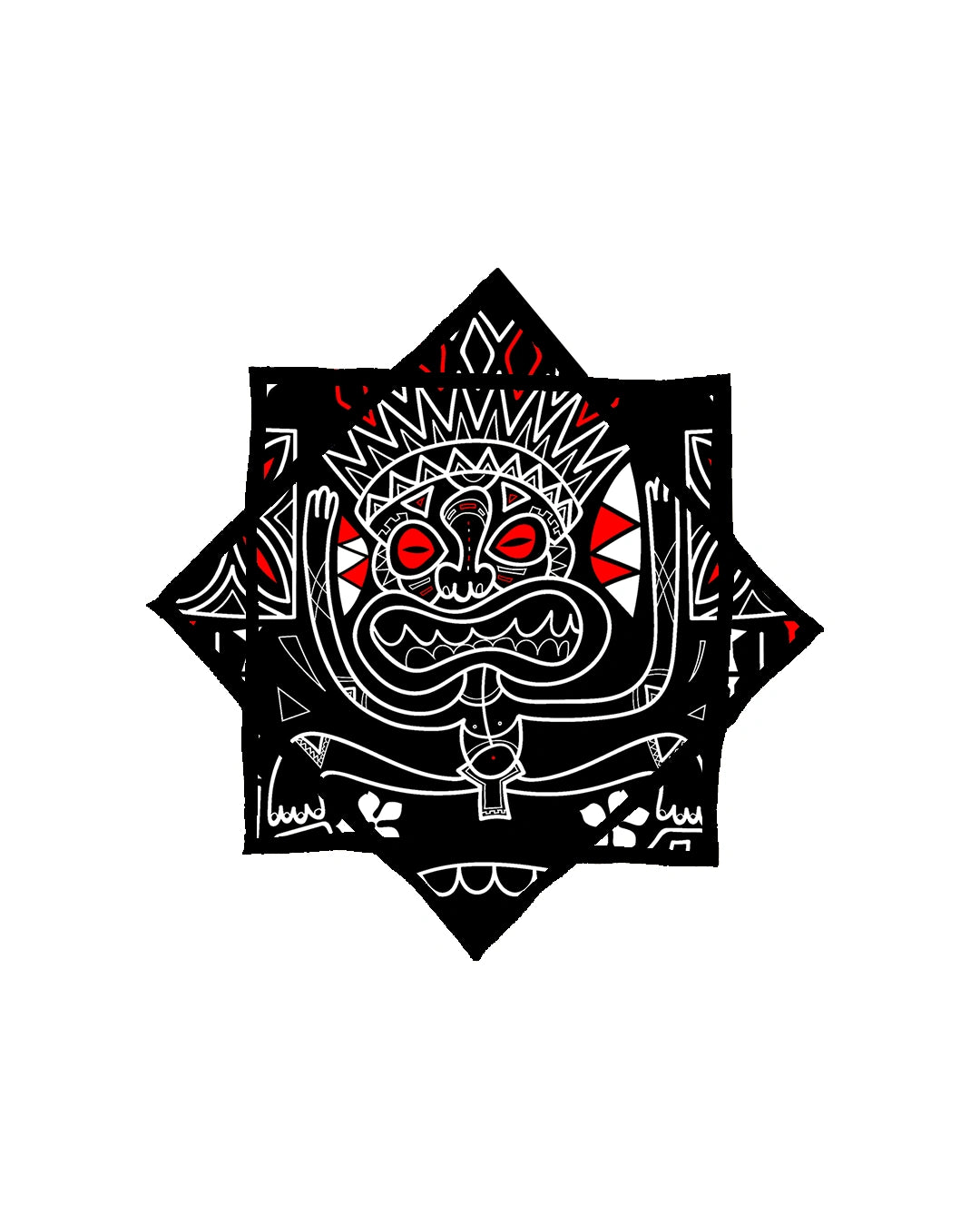 Black and white geometric design with red accents on a white background