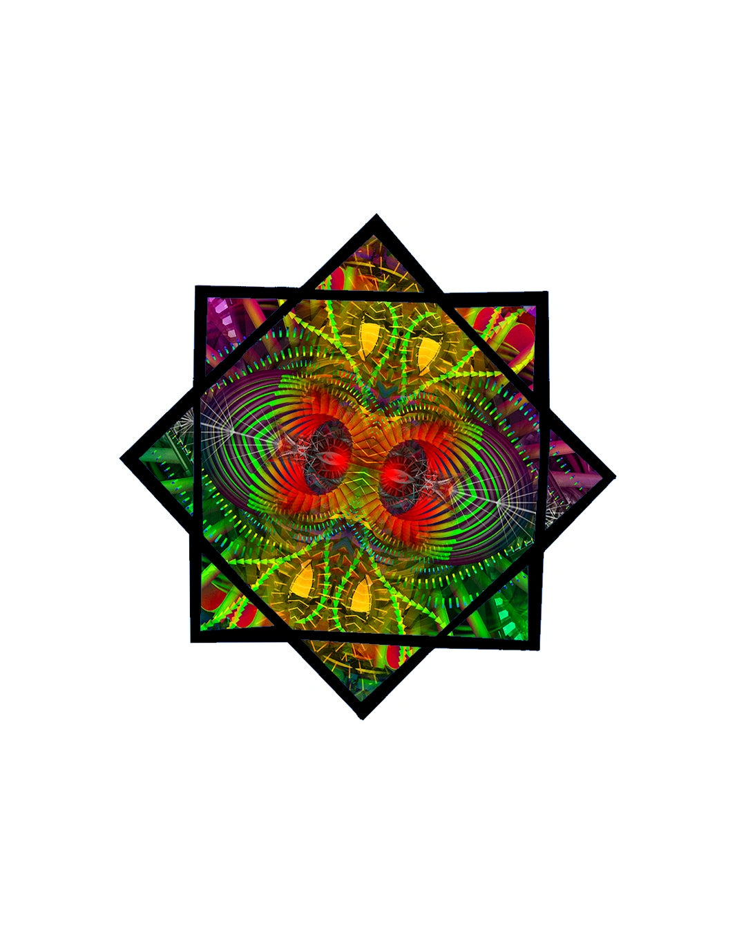 Colorful geometric pattern with a blue border on a white background