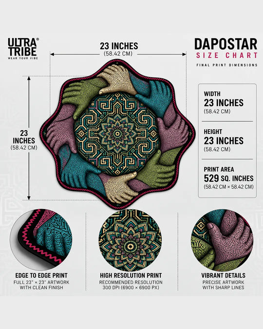 Cosmic Harmony handmade eight-star Dapostar spinning cloth measuring 23 × 23 inches, designed for spinning practice, juggling and festival flow arts.
