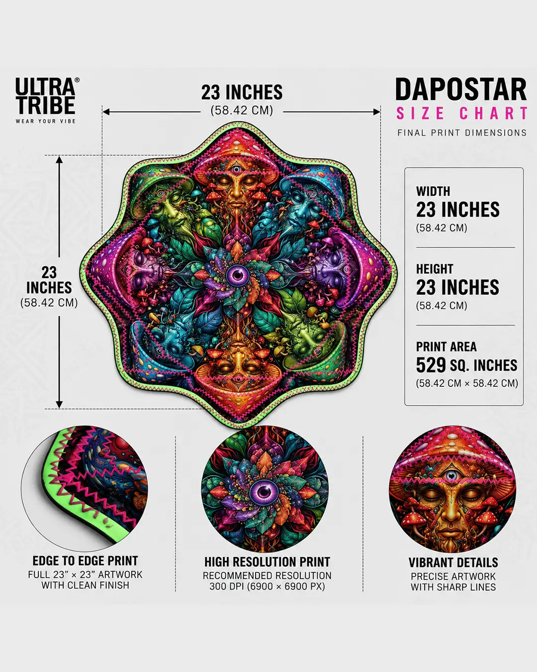 Guardians of the Fungi eight-star Dapostar spinning cloth measuring 23 × 23 inches, designed for spinning practice, juggling and festival flow arts.