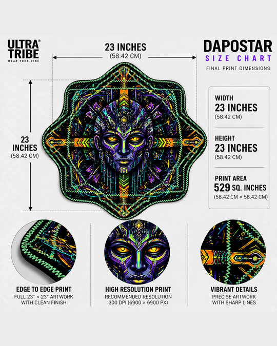 Eternal Dimensions Dapostar spinning cloth by Ultra Tribe featuring visionary cosmic-inspired artwork in an eight-star design for flow arts and juggling.