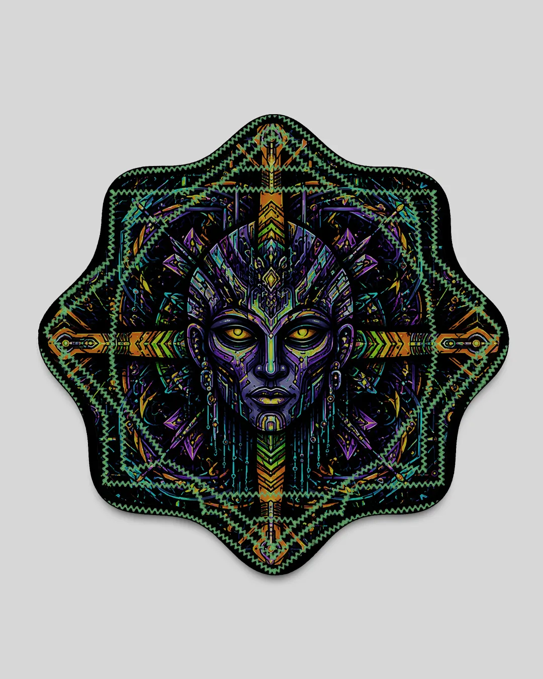 Eternal Dimensions Dapostar spinning cloth by Ultra Tribe featuring visionary cosmic-inspired artwork in an eight-star design for flow arts and juggling.