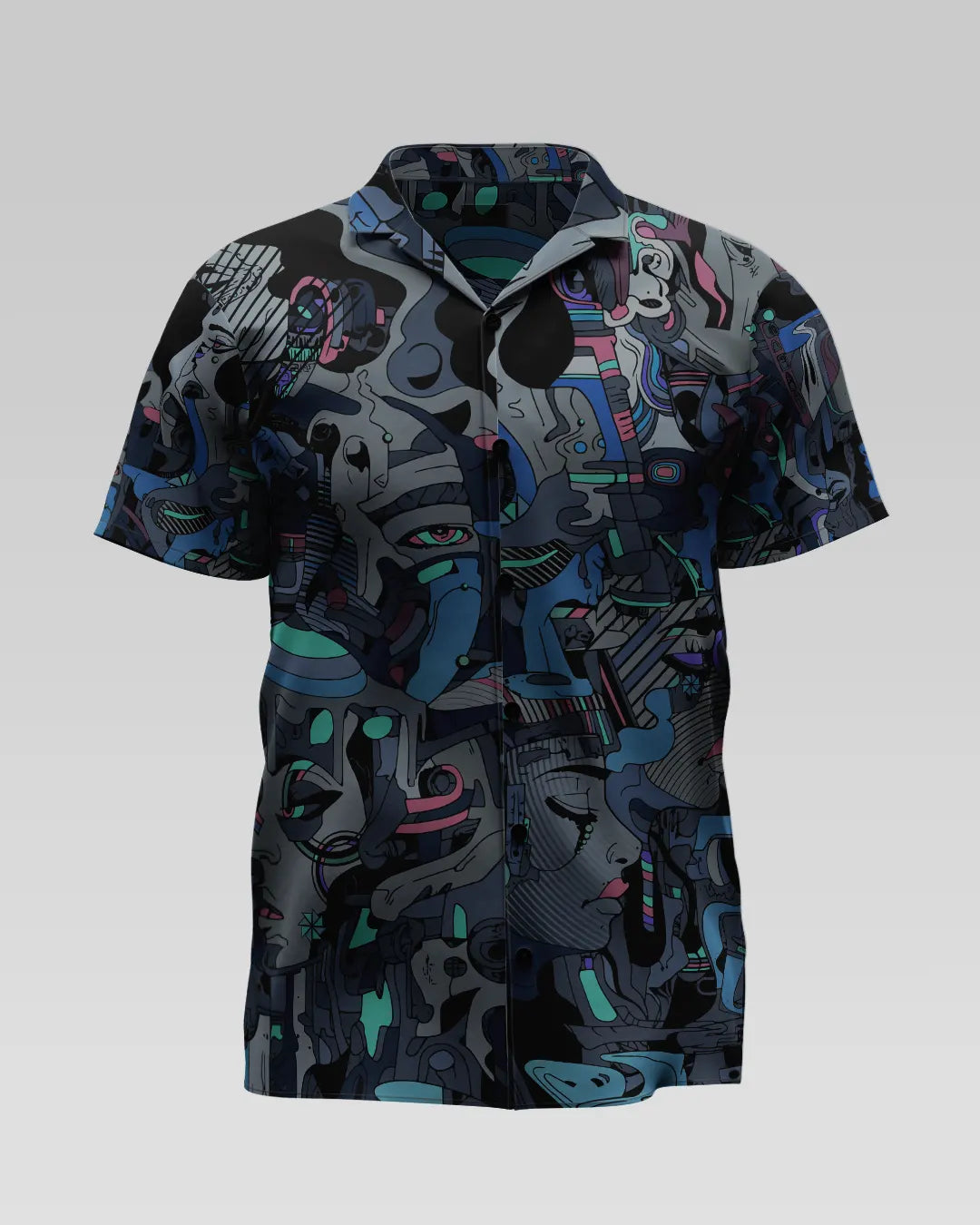 Short-sleeve shirt with abstract pattern on a light gray background