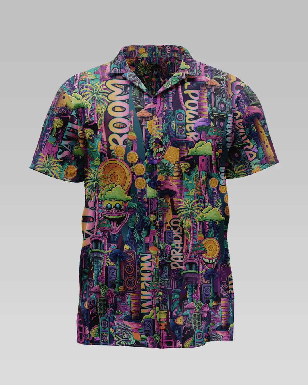 Colorful patterned shirt with vibrant graphics on a gray background