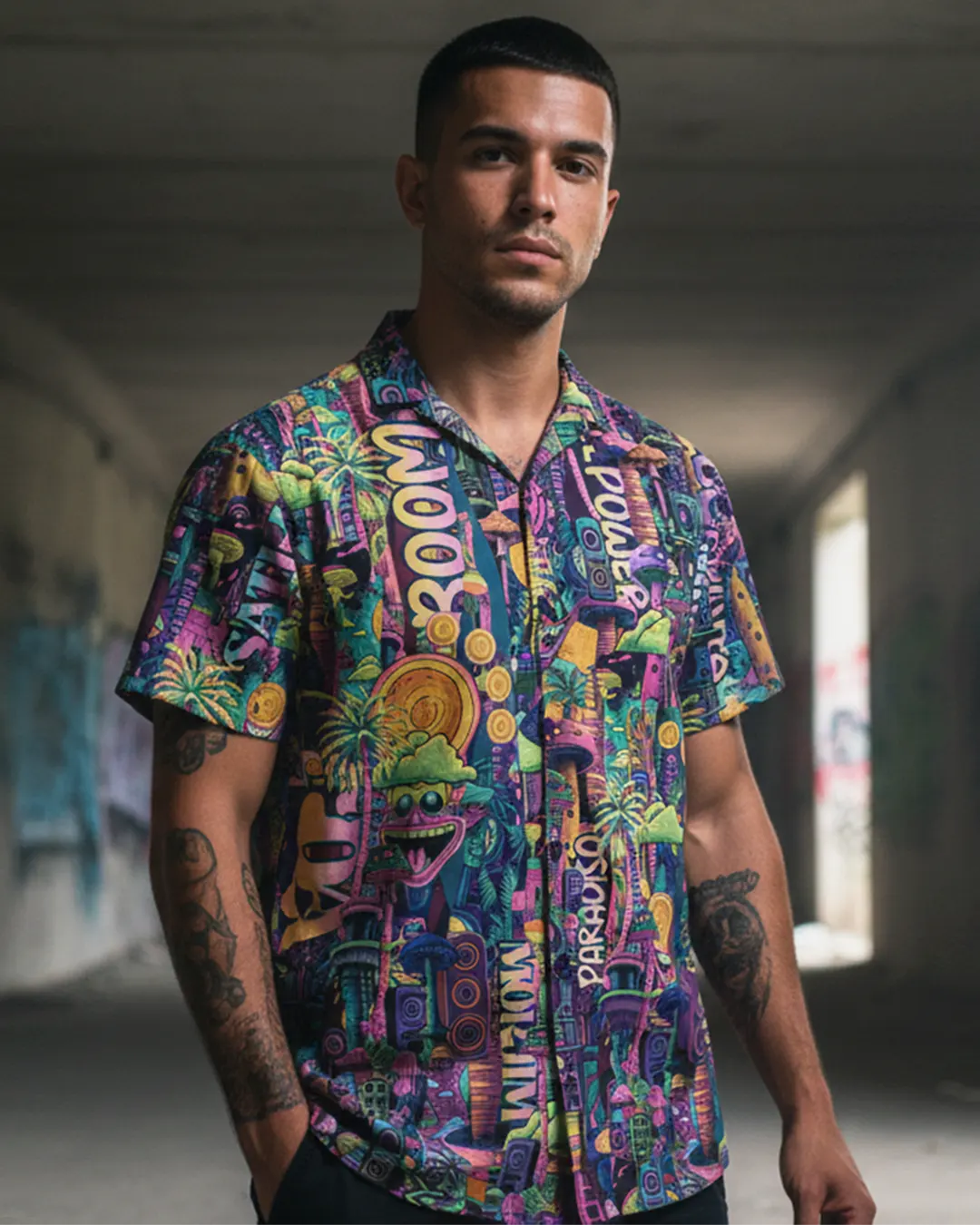 Man wearing a colorful patterned shirt in an urban setting