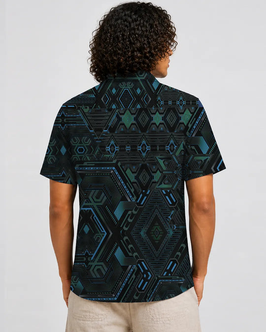 Person wearing a black and blue geometric patterned shirt by ultra tribe on a white background