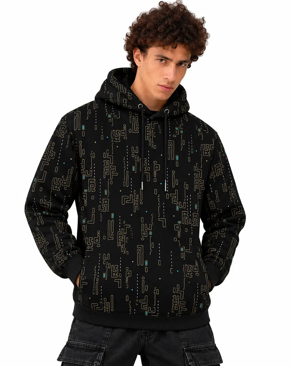 Sunmorning UV light reactive pullover hoodie by Ultra Tribe featuring psychedelic graphic artwork on black fabric.