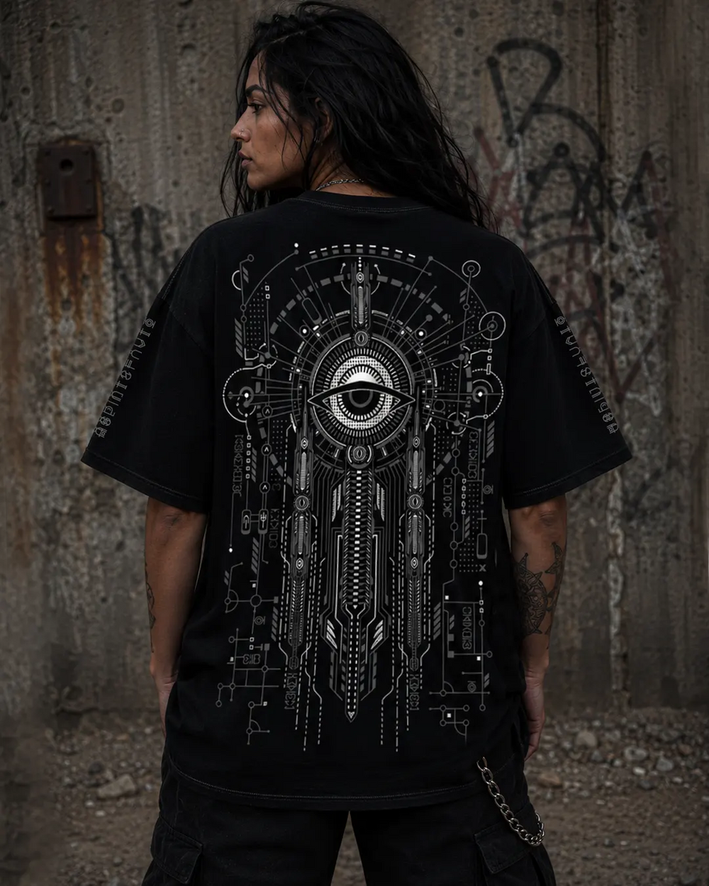 A person shown from the back wearing a black oversized T-shirt with a large white mechanical eye and circuit-style graphic print, standing against a weathered concrete wall with graffiti.