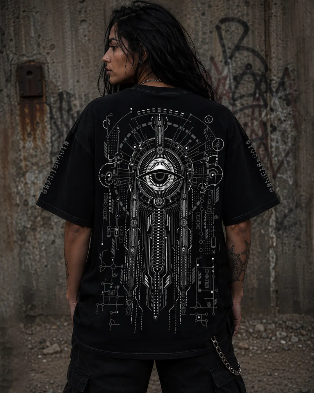 A person shown from the back wearing a black oversized T-shirt with a large white mechanical eye and circuit-style graphic print, standing against a weathered concrete wall with graffiti.
