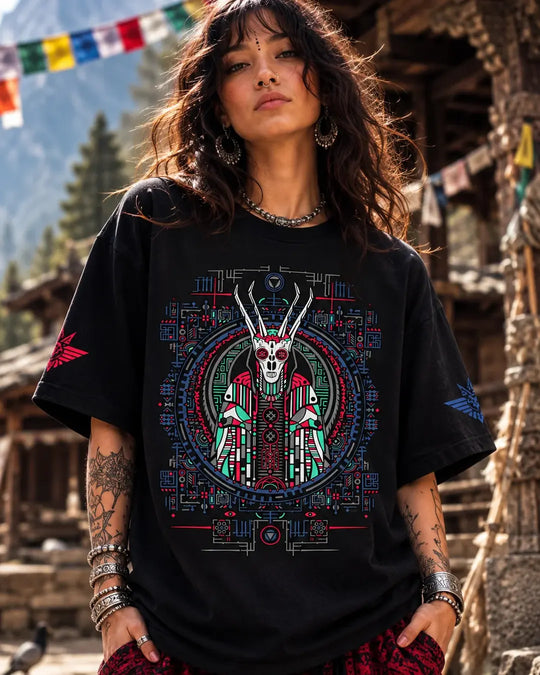 Jungle Medicine oversized T-shirt featuring UV-reactive and glow-in-the-dark artwork by Ultra Tribe.