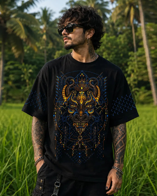 Black Kanina oversized T-shirt featuring intricate blue and orange mask artwork, geometric sleeve prints and a matching back design by Ultra Tribe.