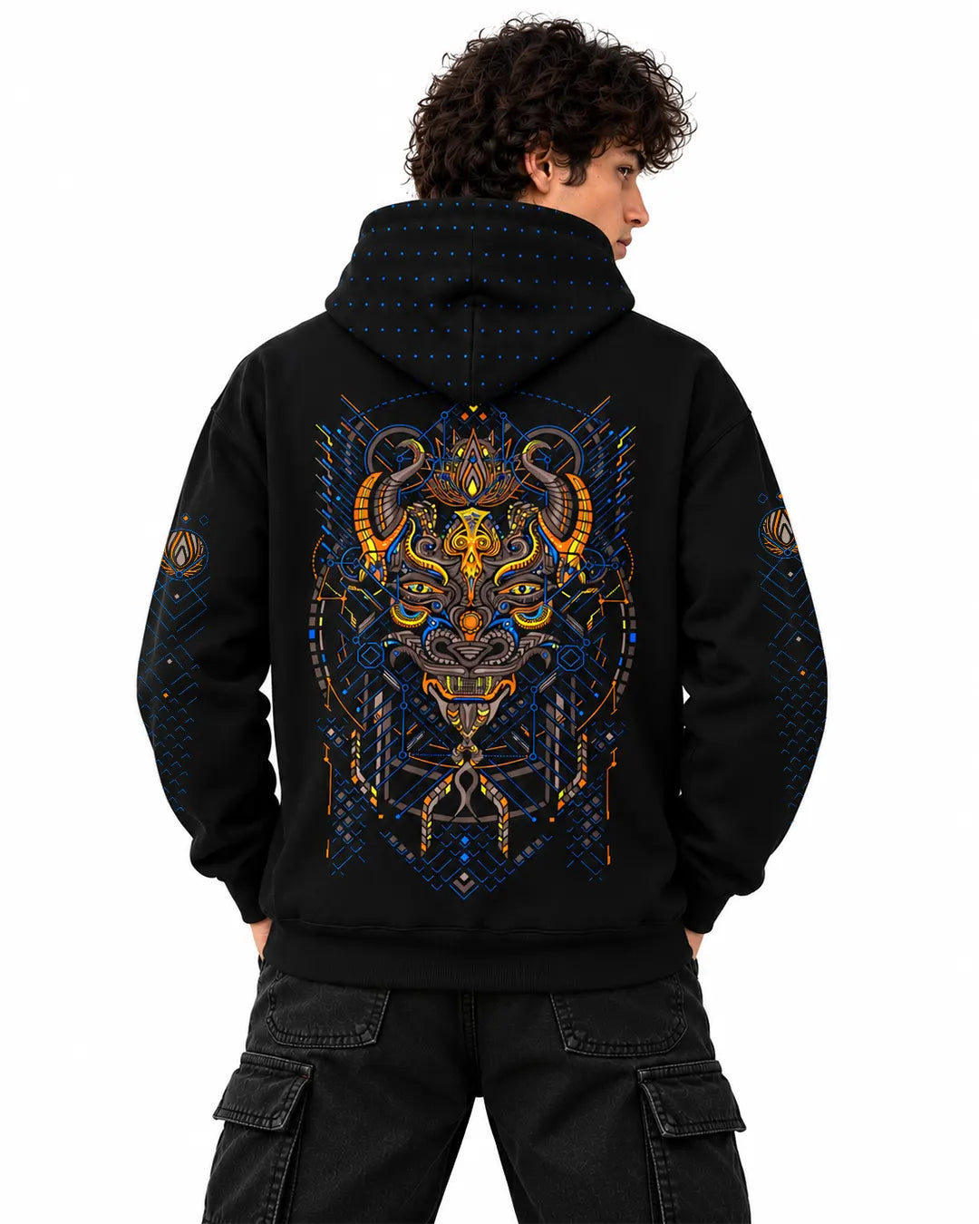 Kanina UV reactive hoodie showcasing its psychedelic print under UV blacklight illumination.