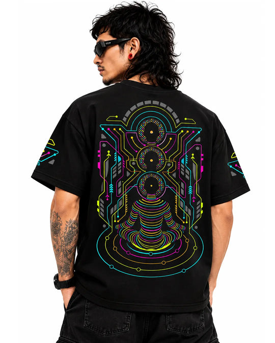 Psyadhana oversized T-shirt featuring UV-reactive graphic artwork