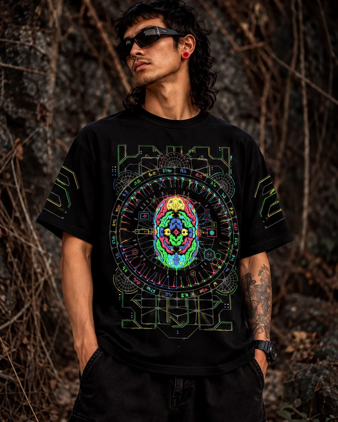 Retro Neuro oversized graphic T-shirt with UV-reactive artwork for blacklight settings