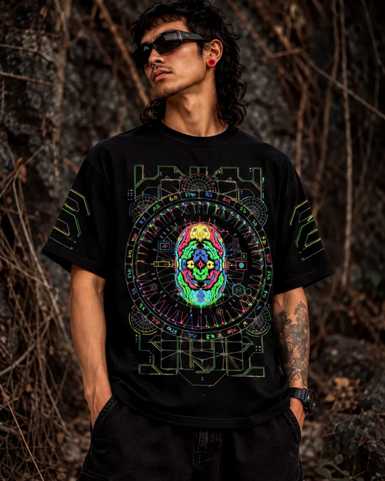 Retro Neuro oversized graphic T-shirt with UV-reactive artwork for blacklight settings
