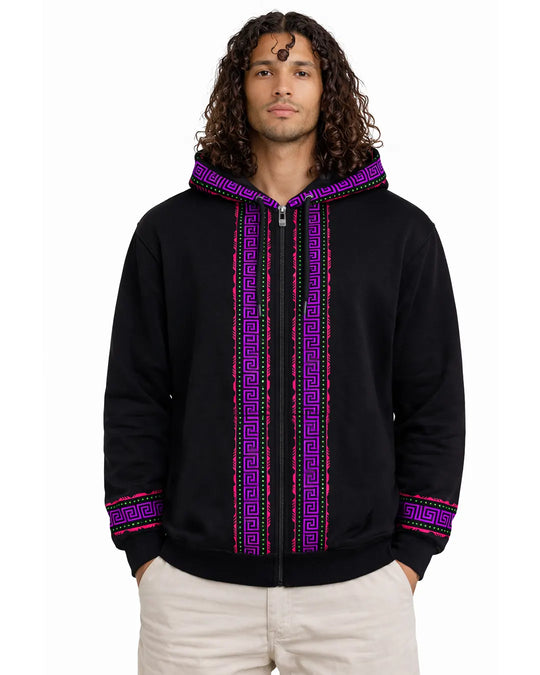 Man wearing a black hoodie with purple and pink patterns on a white background