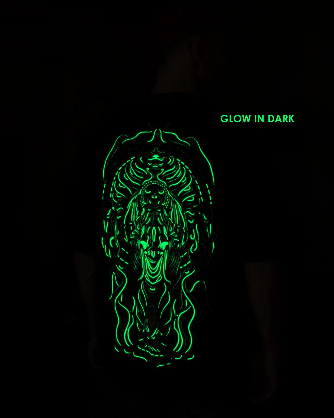 ultra tribe gow in dark and uv light reactive black oversized t-shirt with a detailed psuchedelic design the call of cthulhu design Glowing green design on a black background with &