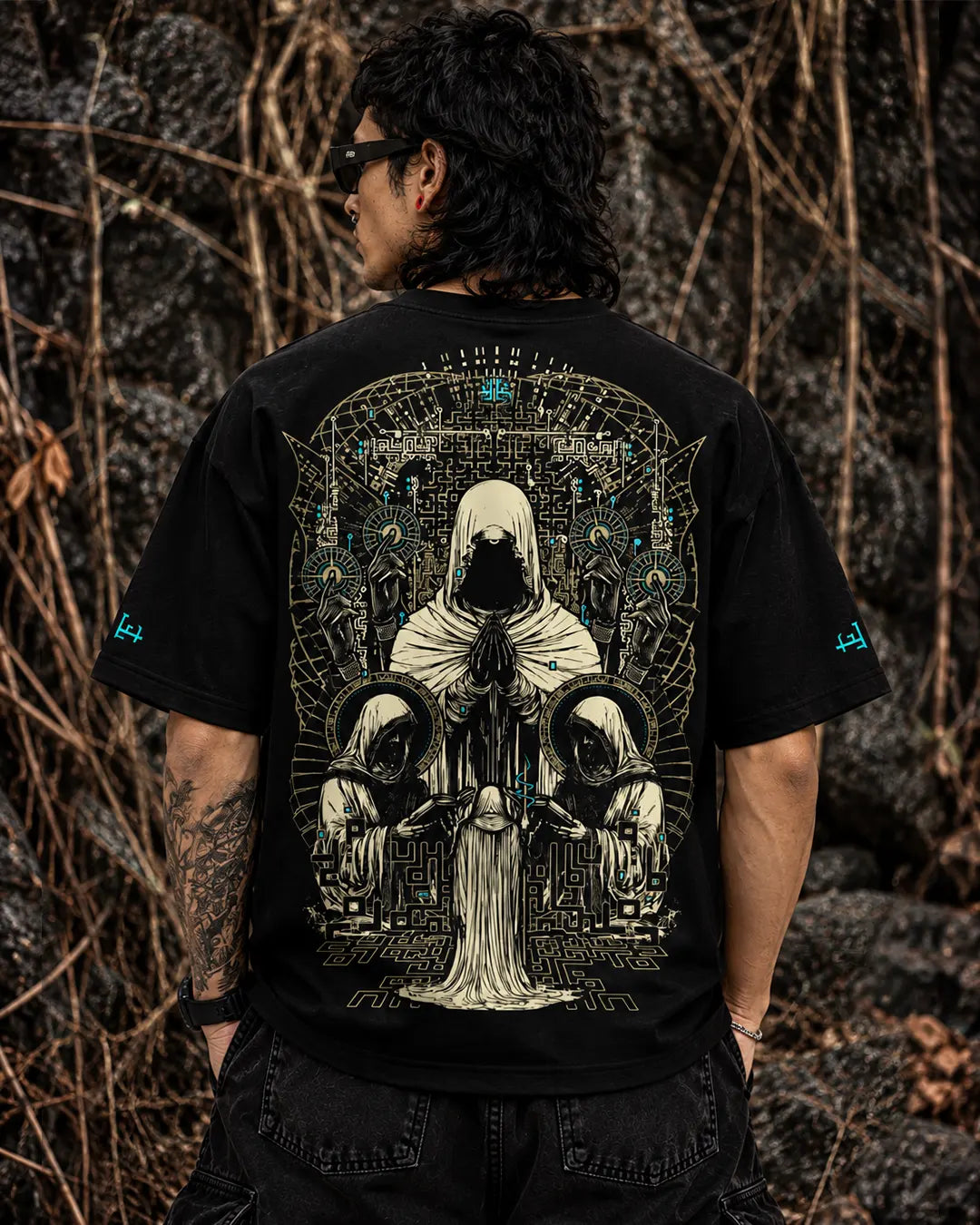 Sum-Morning oversized graphic T-shirt featuring UV-reactive artwork for blacklight settings