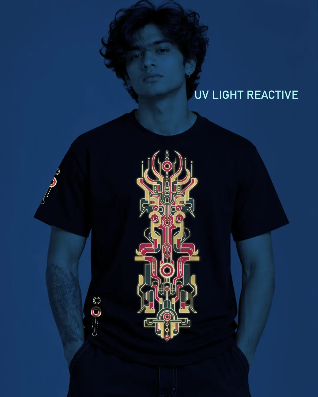 Explore the Cybernetic Spirit regular-fit T-shirt by Ultra Tribe, featuring futuristic artwork and UV-reactive details on a 100% cotton graphic tee.