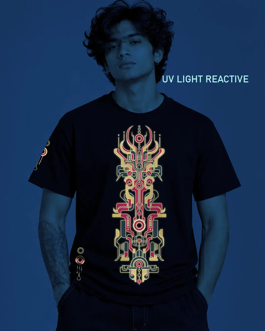 Explore the Cybernetic Spirit regular-fit T-shirt by Ultra Tribe, featuring futuristic artwork and UV-reactive details on a 100% cotton graphic tee.