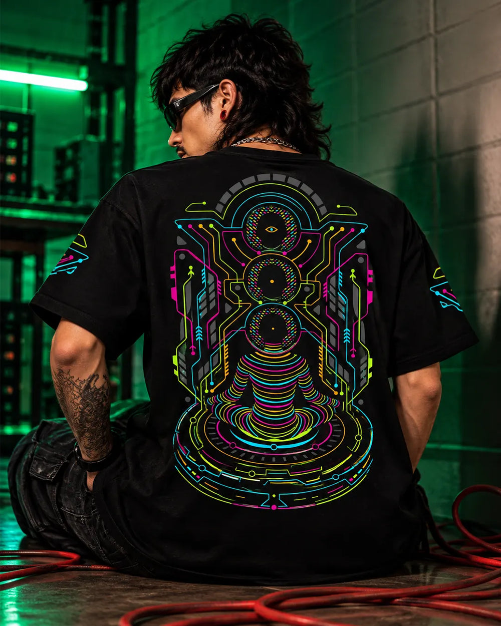 Psyadhana Oversized Tee with UV Light Reactive Artwork for Blacklight Settings