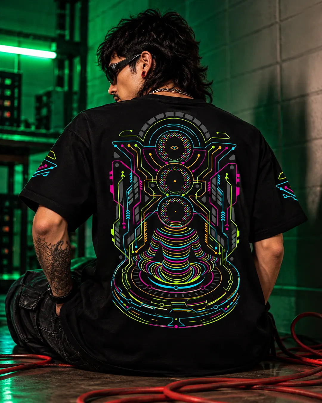 Psyadhana Oversized Tee with UV Light Reactive Artwork for Blacklight Settings