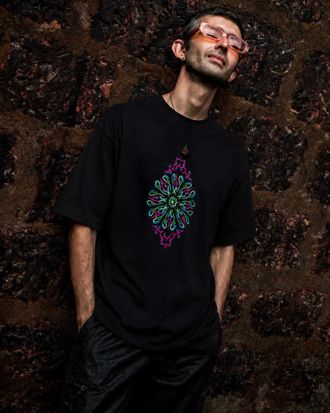 Psychedelic Flower UV Light Reactive Regular Fit T-Shirt with UV-reactive artwork main product view