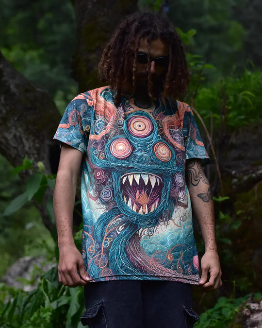 Person wearing a colorful t-shirt with a graphic design in a natural setting