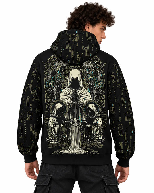Sunmorning UV reactive hoodie showing its psychedelic print under UV blacklight illumination.