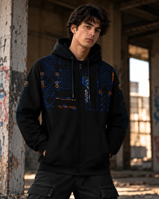 Kanina UV light reactive zip-up hoodie by Ultra Tribe featuring psychedelic artwork on black fabric.