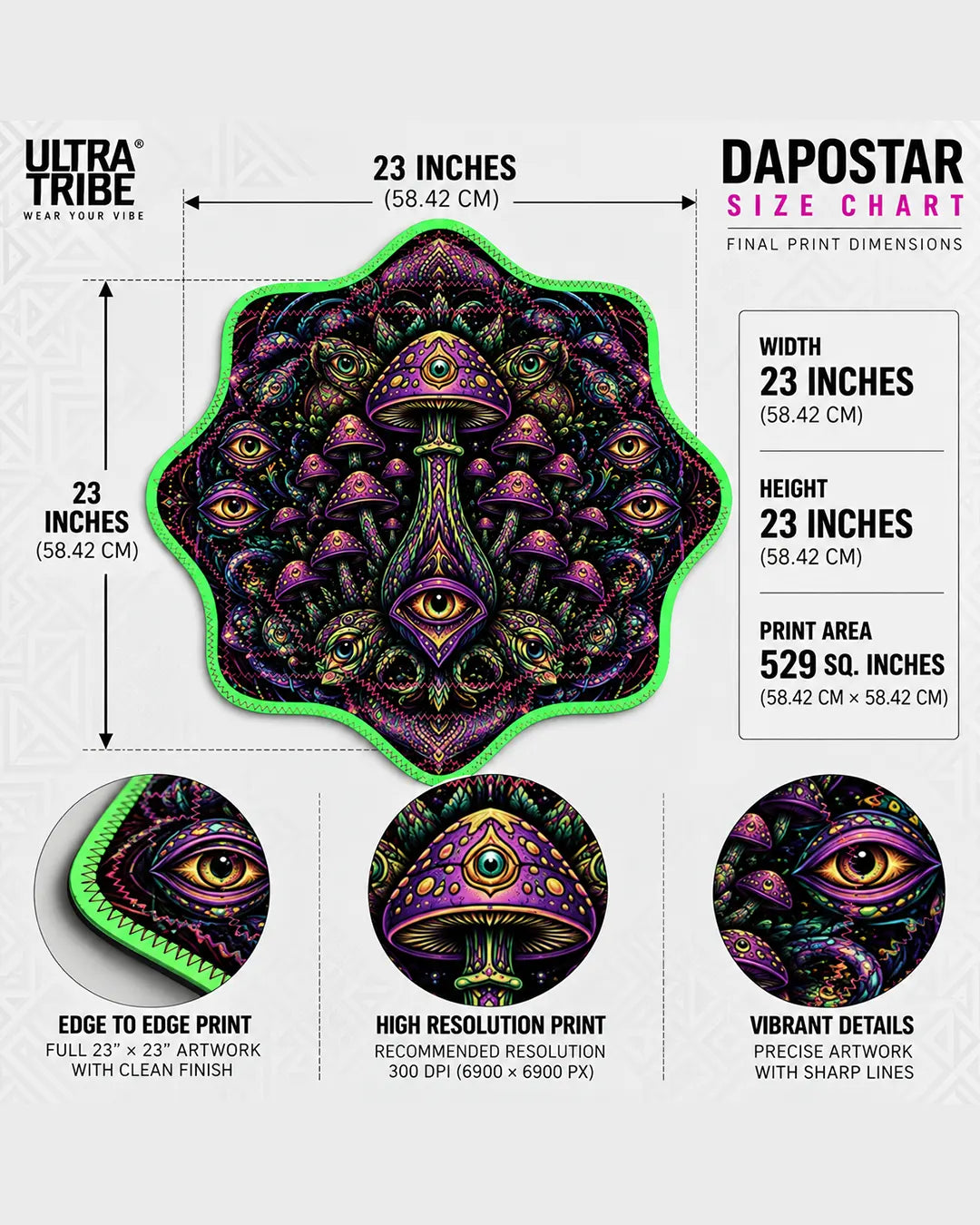 Xeno-Fungal eight-star Dapostar spinning cloth measuring 23 × 23 inches, designed for spinning practice, juggling and festival flow arts.