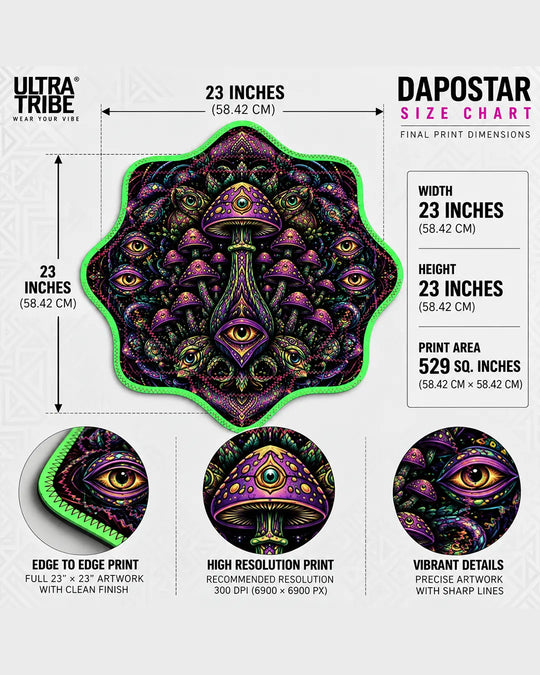 Xeno-Fungal eight-star Dapostar spinning cloth measuring 23 × 23 inches, designed for spinning practice, juggling and festival flow arts.