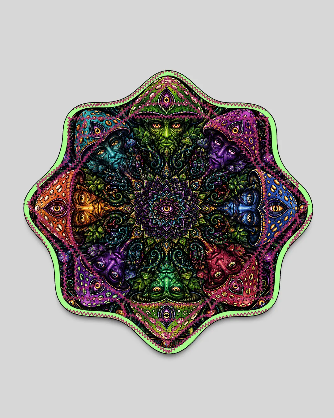 Guardians of the Fungi Dapostar spinning cloth by Ultra Tribe featuring fungi-inspired artwork in an eight-star design for flow arts and juggling.