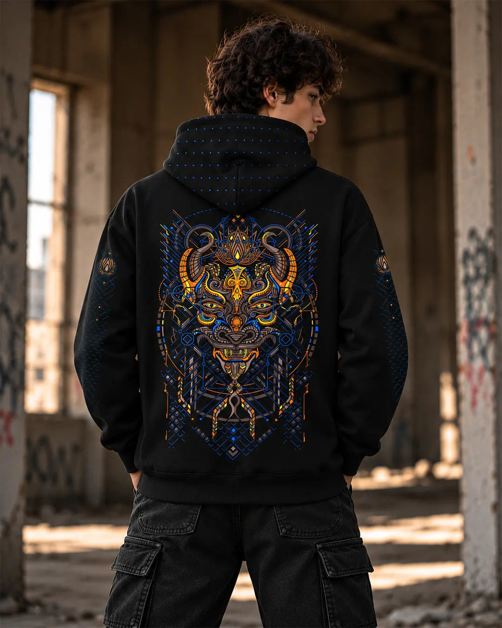 Ultra Tribe Kanina black cotton-blend zip-up hoodie with relaxed unisex fit and graphic artwork.