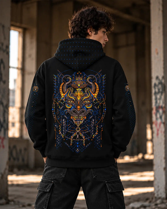 Ultra Tribe Kanina black cotton-blend zip-up hoodie with relaxed unisex fit and graphic artwork.